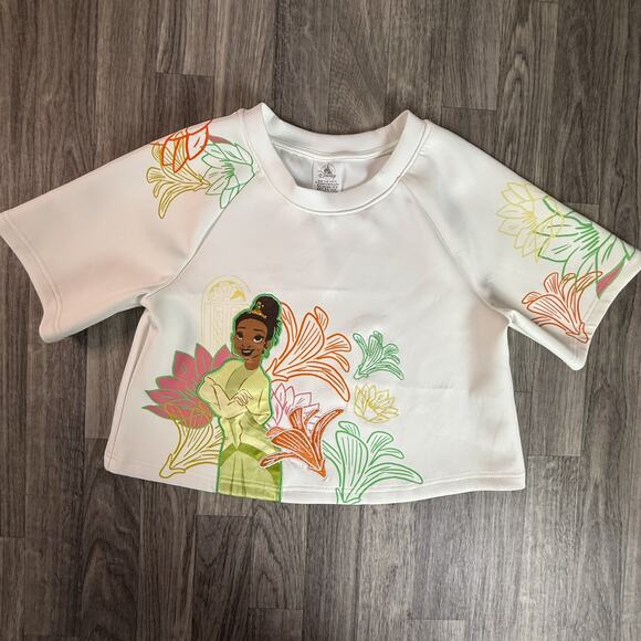 Disney Princess Tiana Girls Crop Top Shirt Size 13 Floral Embroidered White - Picture 1 of 6